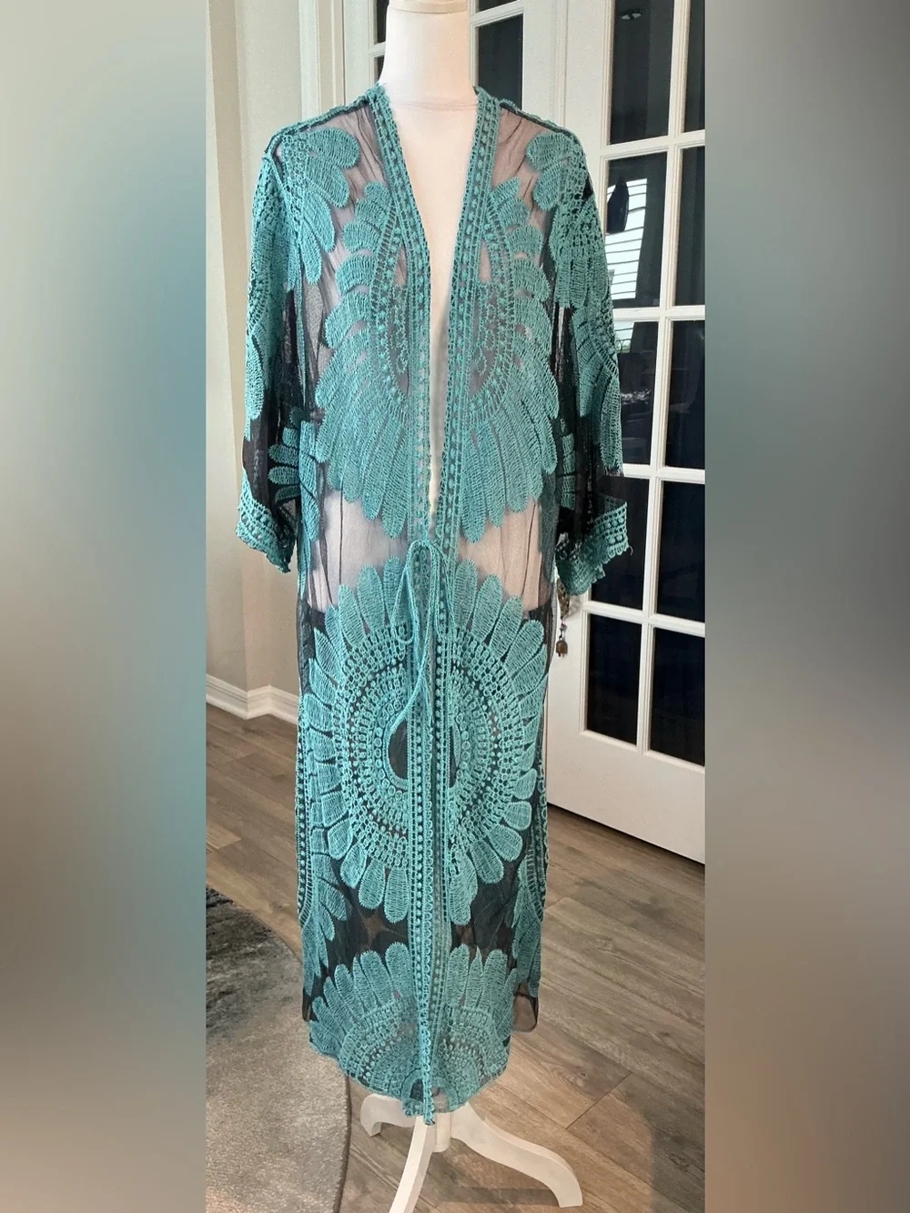 ASHA Turquoise Lace Mesh Duster Kimono Coverup Long Boho Beach Duster - One Size
